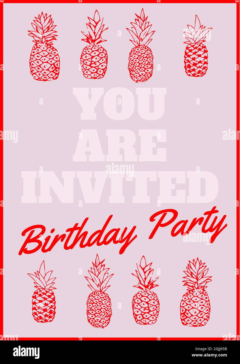 Composition de vous sont invités fête d'anniversaire texte, avec deux lignes d'ananas rouges sur gris Banque D'Images
