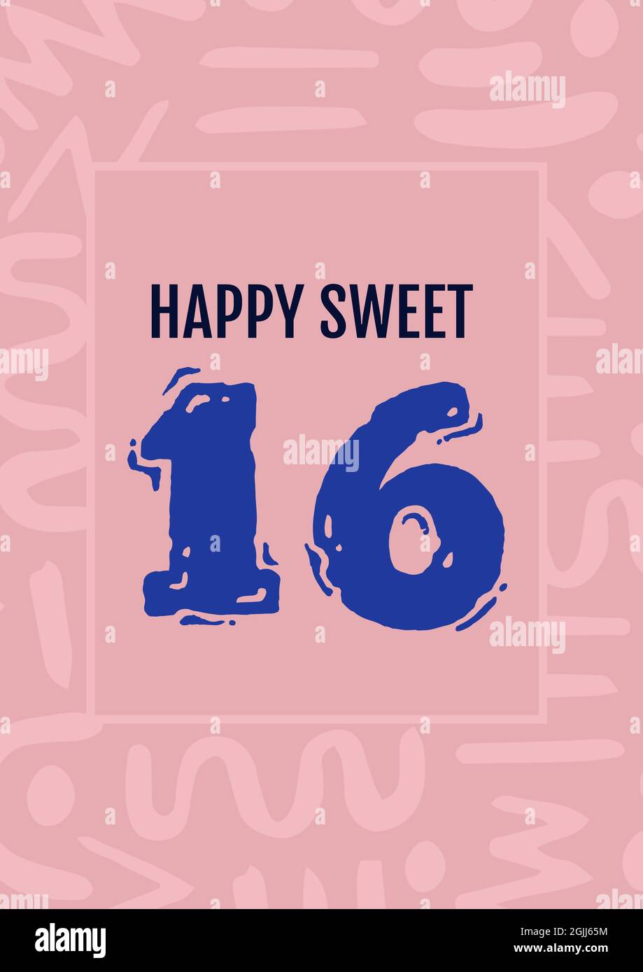 Composition de Happy Sweet 16 texte en rouge sur fond rose pâle à motifs Banque D'Images