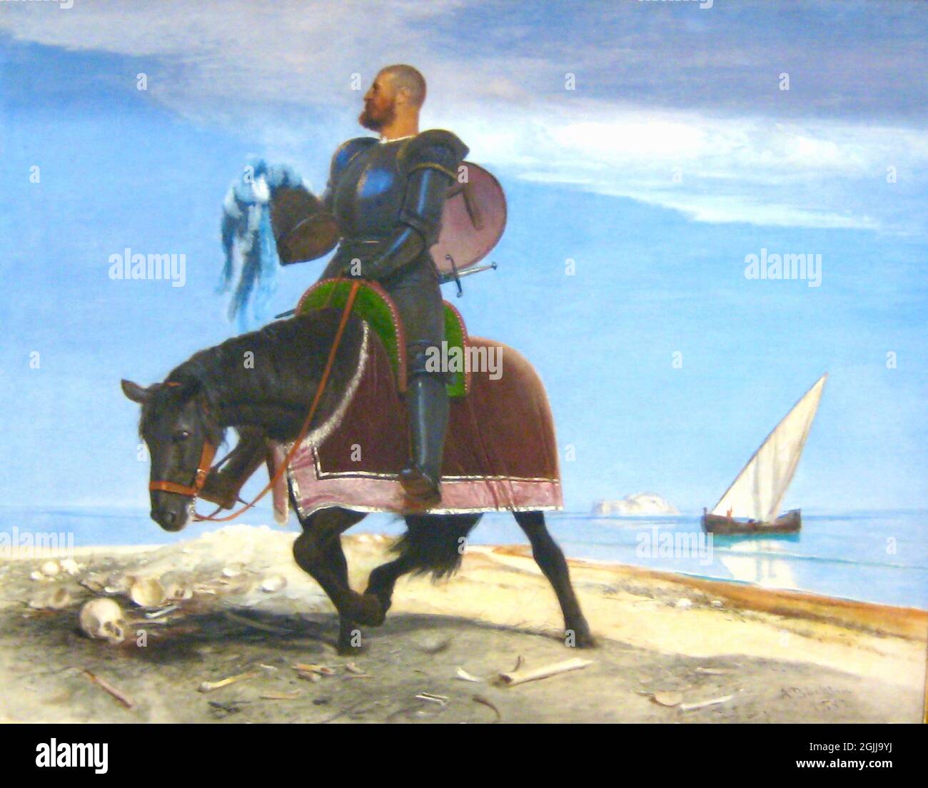 Art Arnold Böcklin - Der Abenteurer - l'Adventurer - 1882 - Un cavalier solitaire s'éloigne de la mer. Banque D'Images