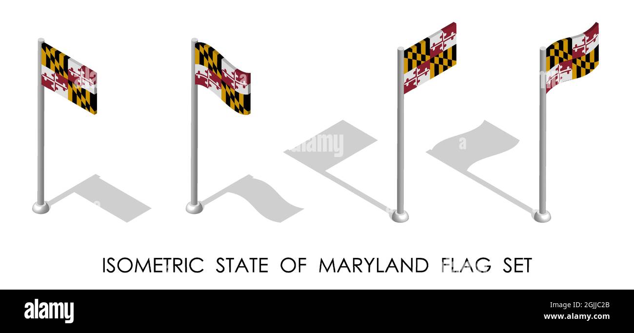 Drapeau isométrique de l'état américain du Maryland en position statique et en mouvement sur le mât. vecteur 3d Illustration de Vecteur