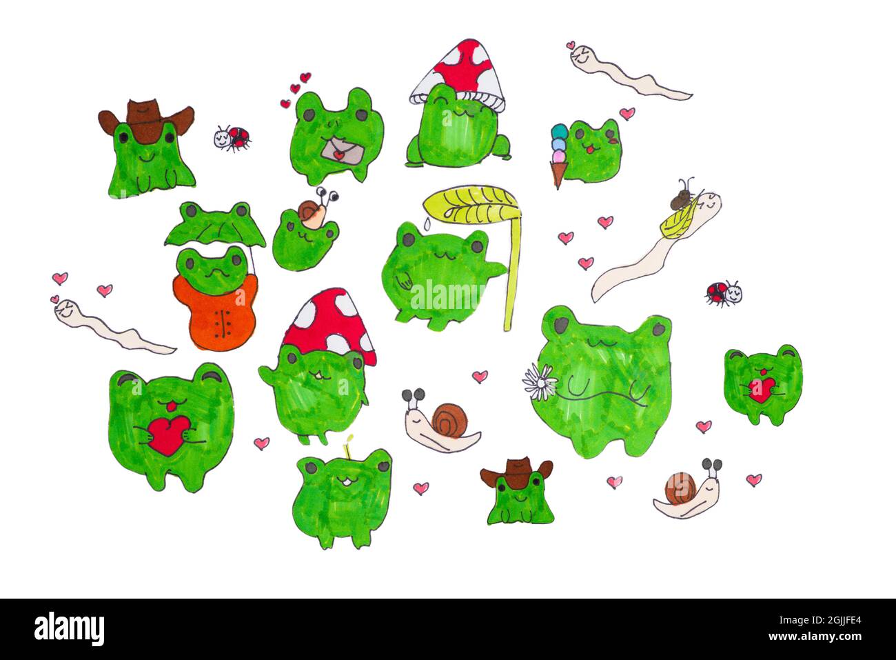 Dessin de grenouilles gaies.dessin d'enfants de grenouilles multicolores sur un fond blanc d'isolade. Banque D'Images