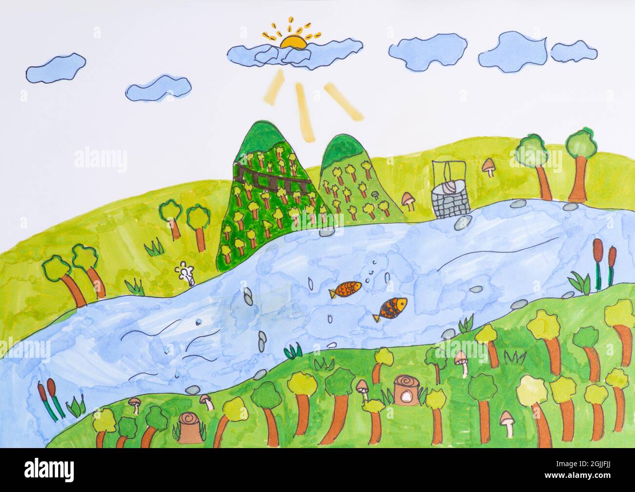 Riviere Paysagere Pour Enfants Dessin De La Nature Paysage Avec Des Arbres Et Riviere Enfant Dessin Feutre Pointe De La Scene Naturelle D Ete Photo Stock Alamy