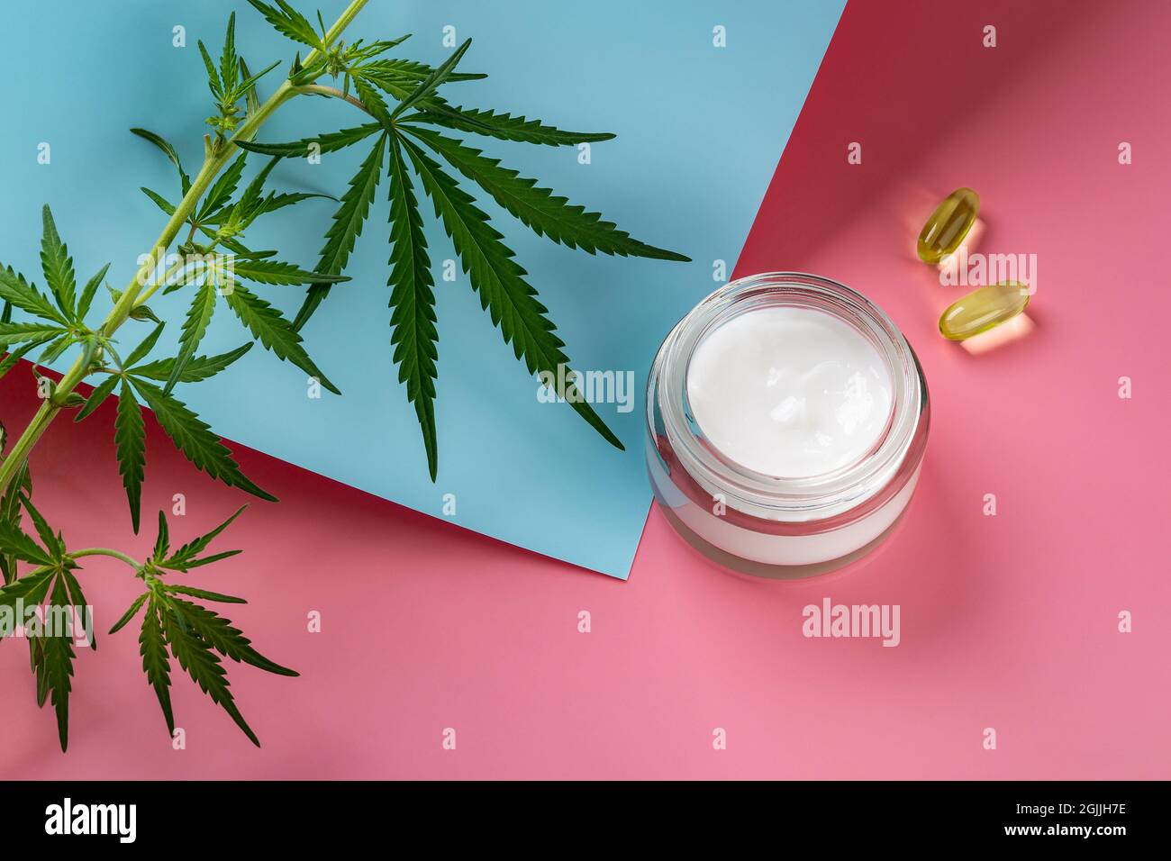 Crème visage de chanvre dans un pot en verre, deux capes d'huile de cbd et feuilles de cannabis sativa vertes sur fond bleu rose. Crème hydratante à la marijuana. Banque D'Images