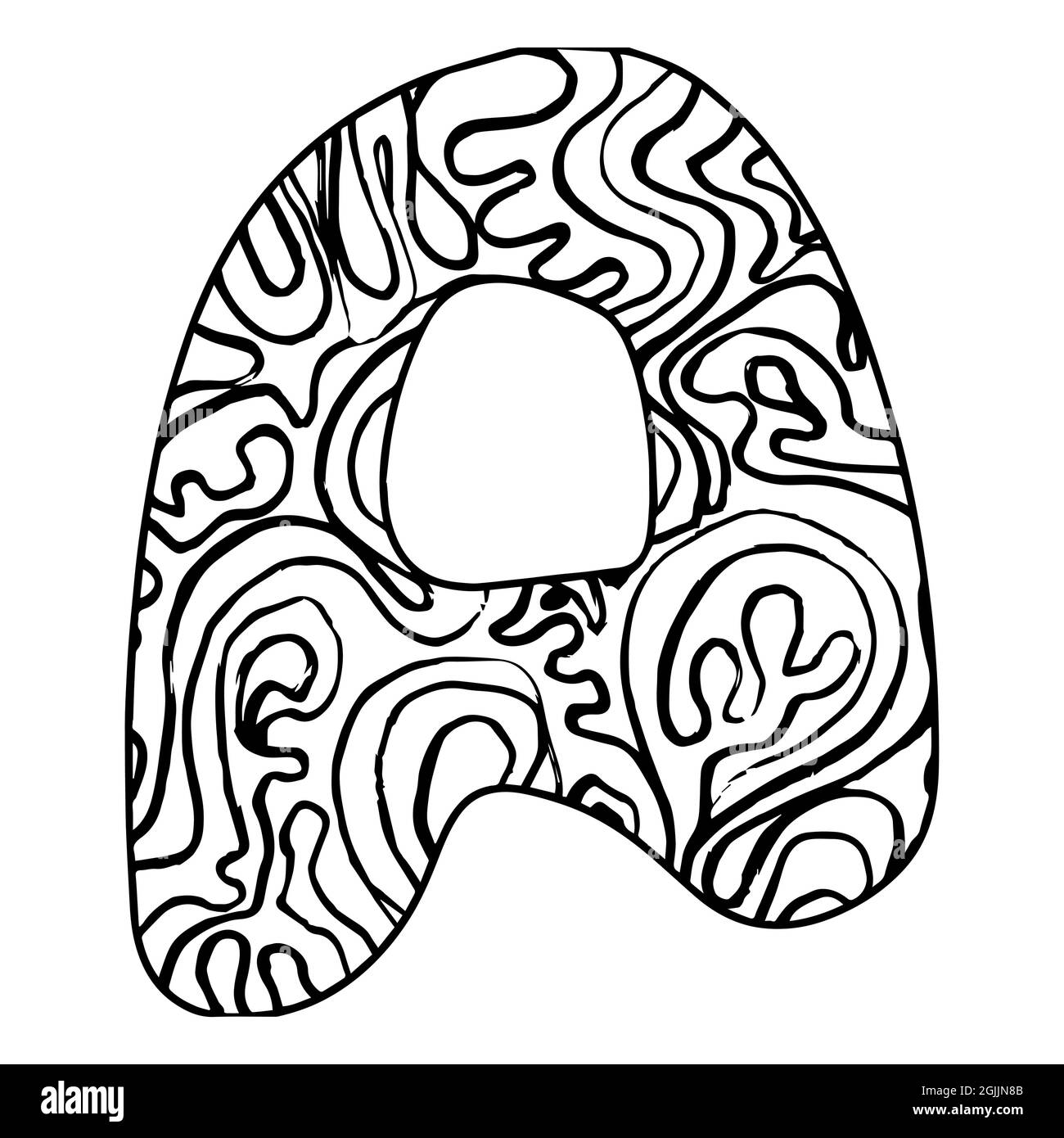 Lettre stylisée Zentangle - lettre A. Doodle noir blanc dessiné à la main. Modèle ethnique. Page de coloriage antistress pour adultes, africain, indien, totem. Illustration de Vecteur