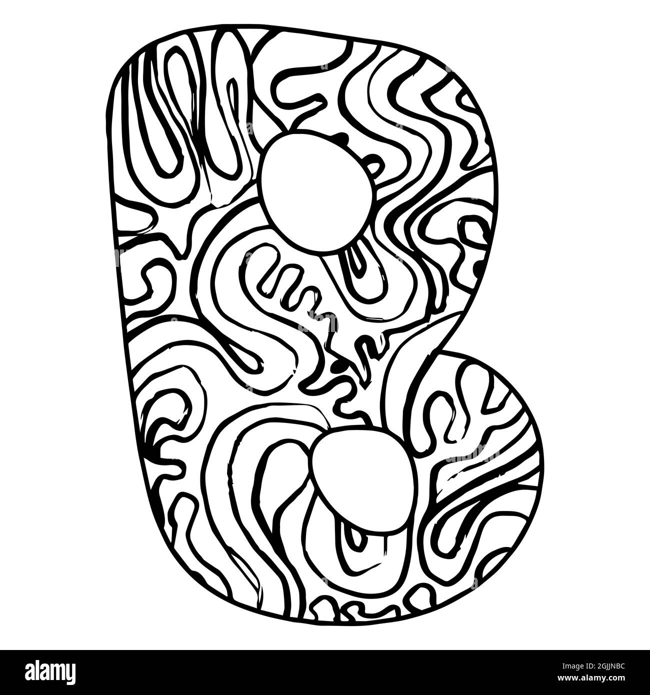 Lettre stylisée Zentangle B. Doodle noir blanc dessiné à la main. Modèle ethnique. Page de coloriage antistress pour adultes, africain, indien, totem. Illustration de Vecteur