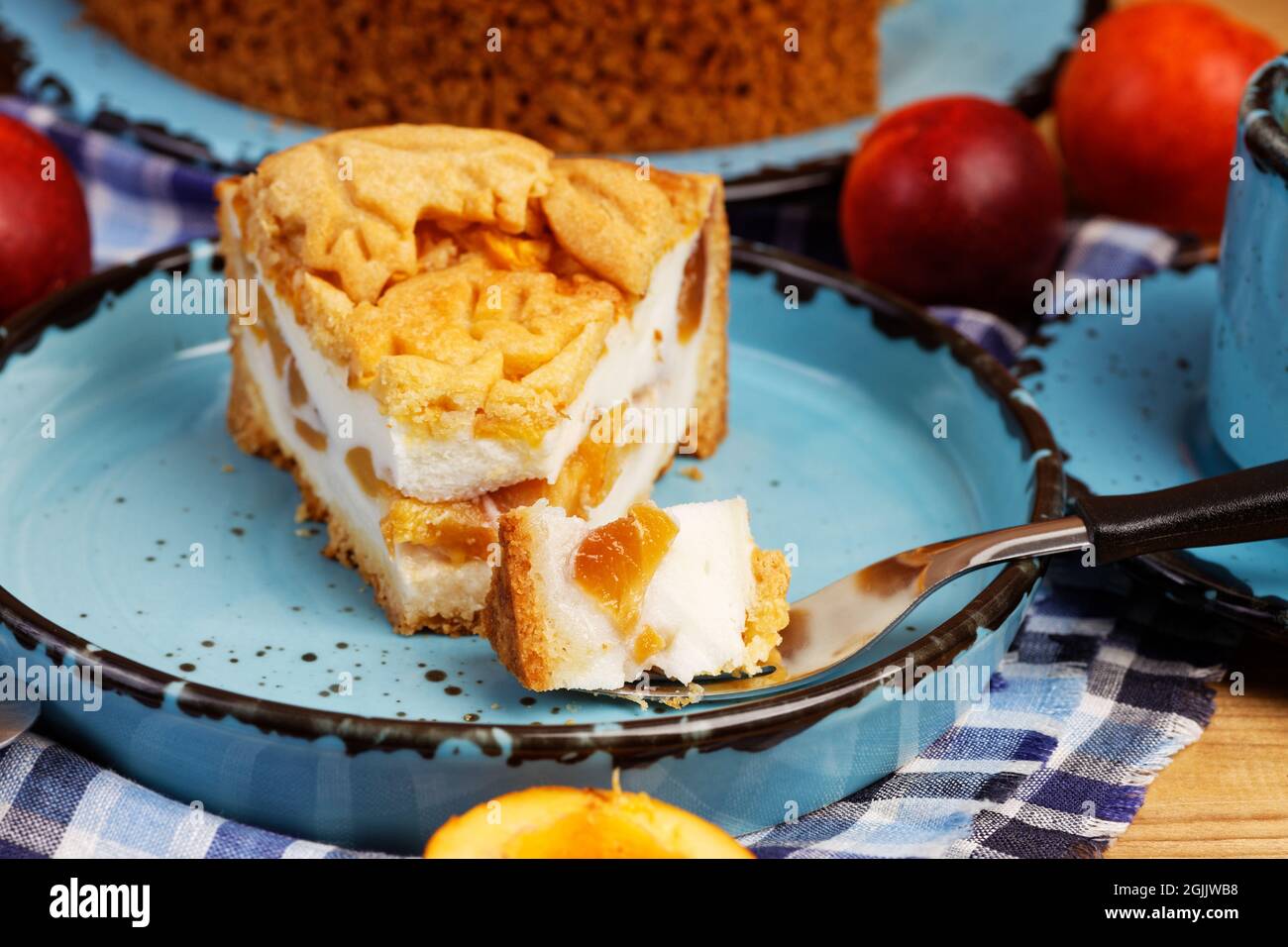 Gros plan de tarte maison avec nectarines sur une table en bois. Mise au point peu profonde. Banque D'Images Gros plan de tarte maison avec nectarines sur une table en bois. Mise au point peu profonde. Banque D'Images