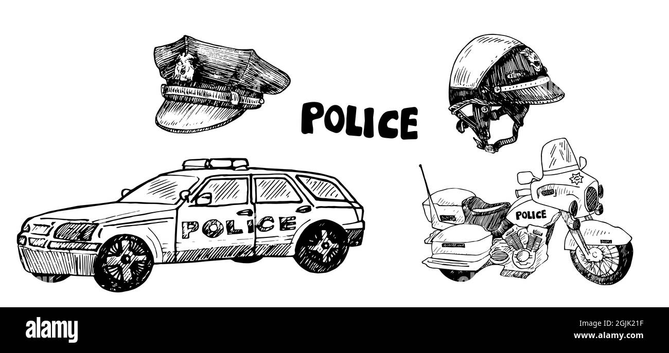 Voiture de police et casquette, vélo et casque, dessin d'une boodle dessiné à la main, illustration de contour isolée Banque D'Images