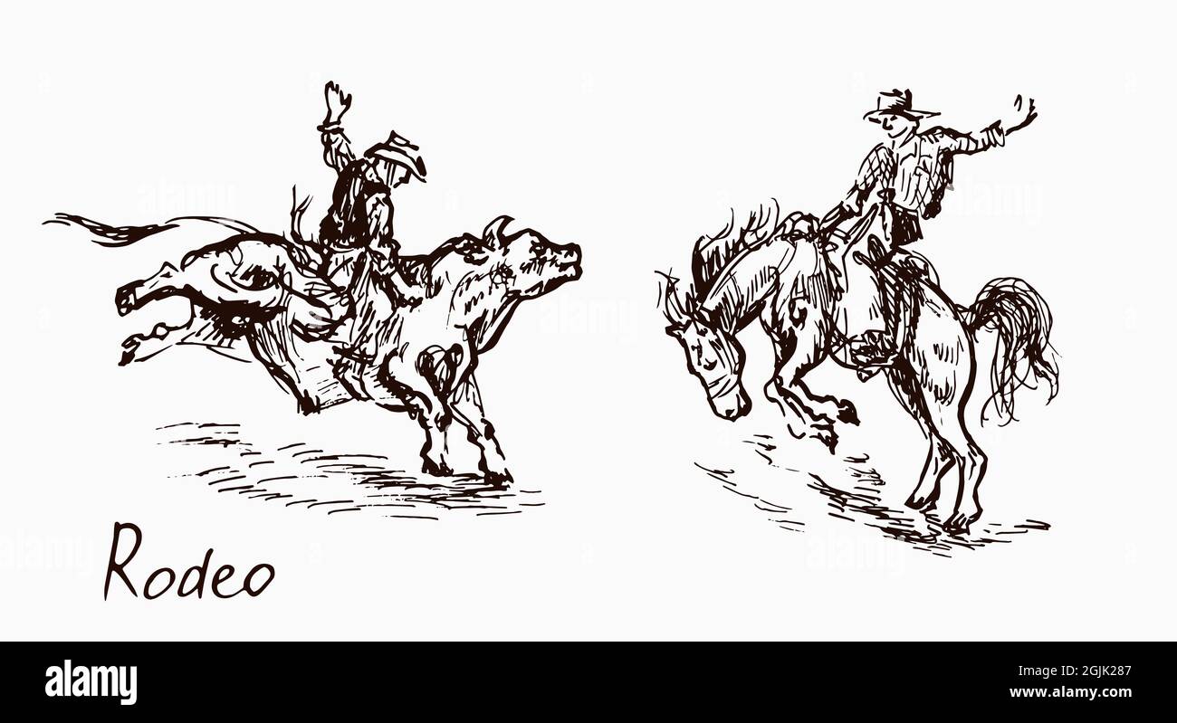 Rodéo, cowboy sur taureau et sur cheval, dessin à l'encre de style bois avec inscription Banque D'Images
