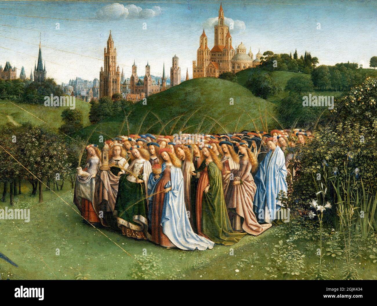 Le retable de Gand : adoration de l'Agneau mystique, détail des saints, martyrs et confesseurs féminins. Par Jan van Eyck (c.1390-1441), 1432 Banque D'Images