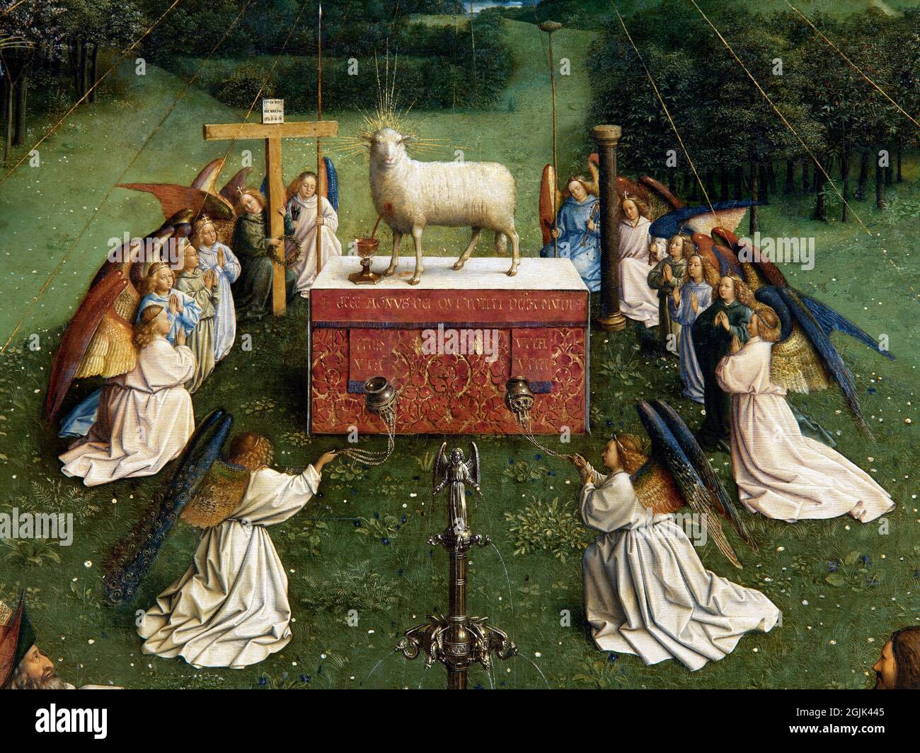 L'retable de Gand : adoration de l'Agneau mystique, détail de l'Agneau aux anges à genoux par Jan van Eyck (c.1390-1441), 1432 Banque D'Images