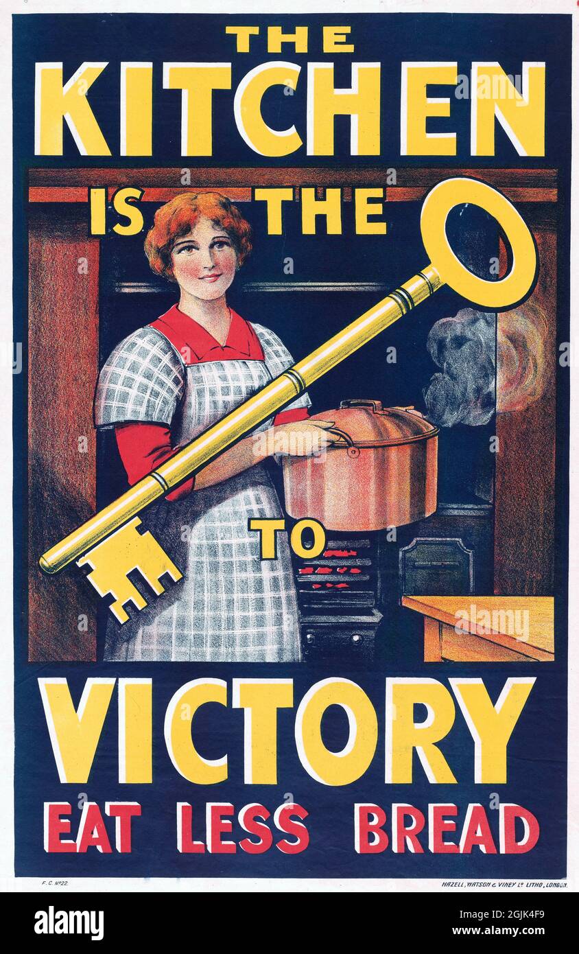 « la cuisine est la clé de la victoire ; mangez moins de pain » affiche WWI, 1914-18 Banque D'Images