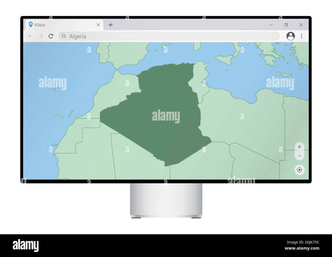 Moniteur d'ordinateur avec carte de l'Algérie dans le navigateur, recherchez le pays de l'Algérie sur le programme de cartographie web. Modèle vectoriel. Illustration de Vecteur
