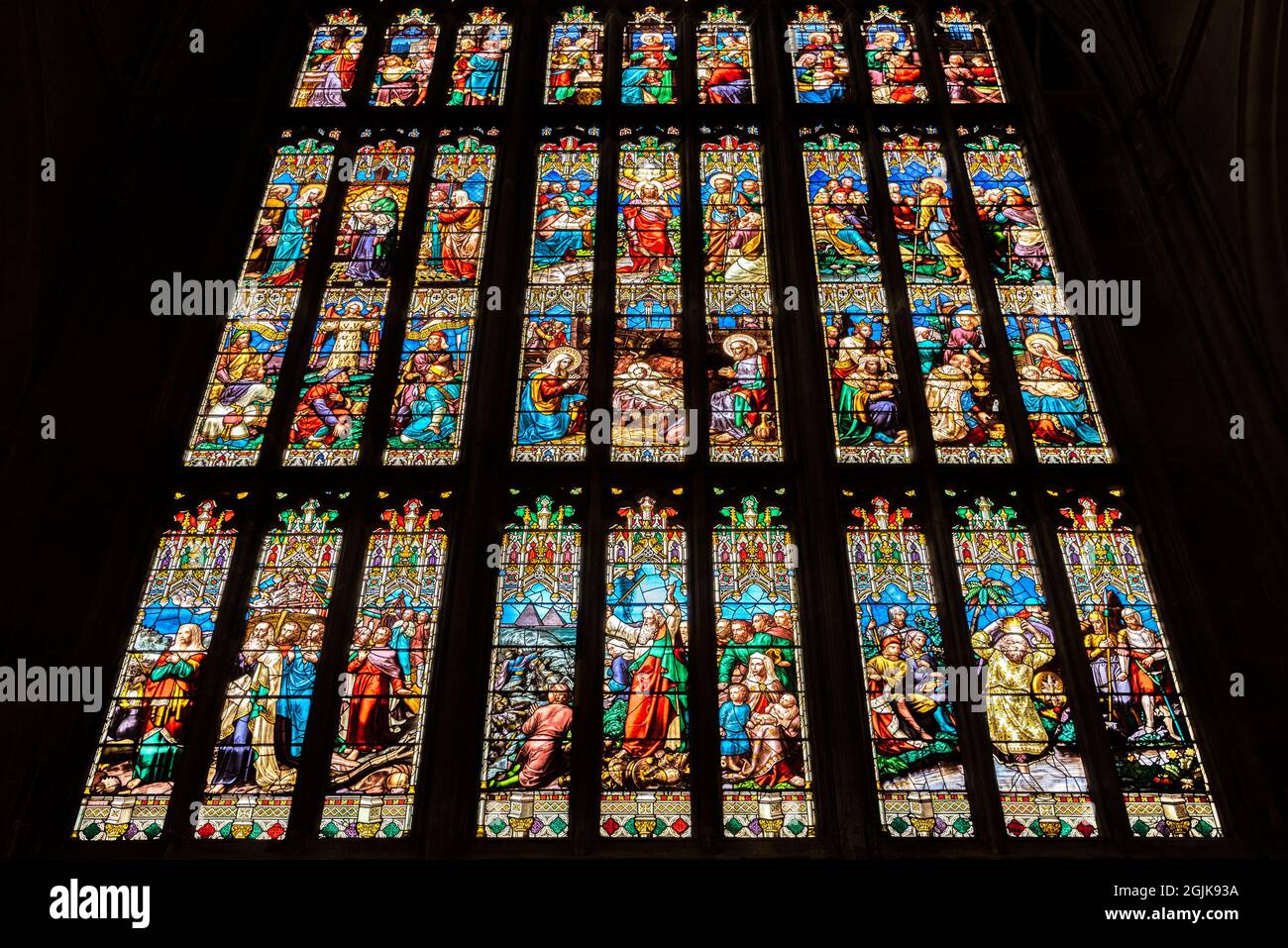 Stainglass de la cathédrale de Gloucester, Gloucester, Royaume-Uni Banque D'Images