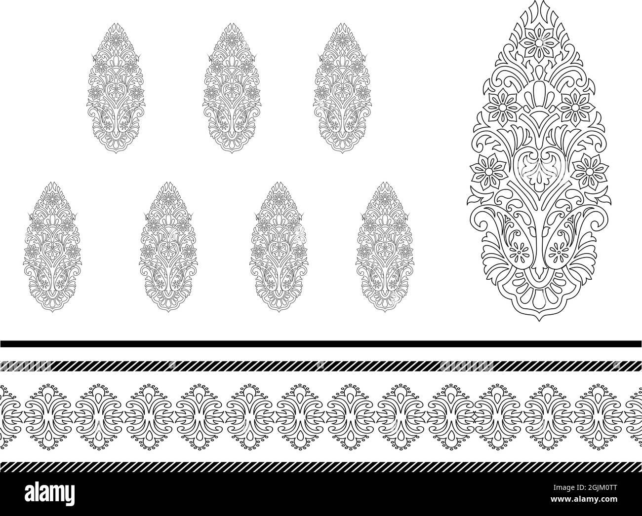 Motif fleur de boho inspiré du mehndi – illustration de style indien avec bordure calligraphique noire et blanche audacieuse. Sans couture Banque D'Images