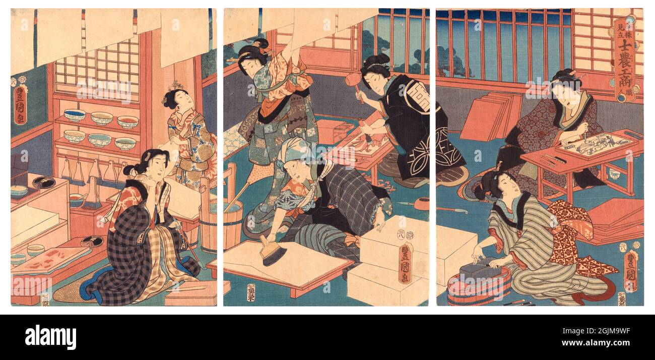 Les femmes japonaises dans les kimonos font des photos. Version optimisée et améliorée unique d'une illustration japonaise de coupe de bois du XIXe siècle en triptyque. Banque D'Images