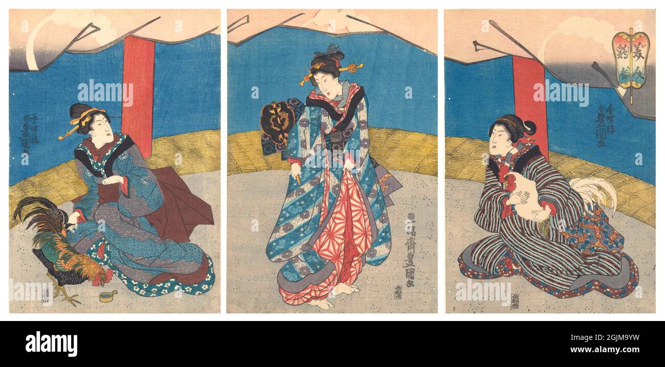 Les femmes japonaises à une femme de combat, pétrir par un coq coloré avec un bol d'eau, dans un cercle de compétition avec d'autres femmes, l'une avec un autre coq. Version optimisée et améliorée unique d'une illustration japonaise de coupe de bois du XIXe siècle en triptyque. Banque D'Images