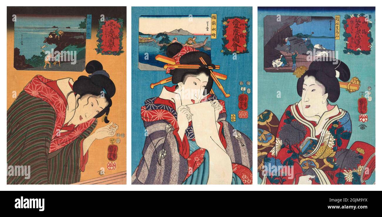 Sensations chaudes pour la montagne et la mer 1.Femme atteignant pour peigne dans ses cheveux; cartouche en haut à gauche avec une vue d'un paysage rocheux dans lequel quatre hommes extrait la chaux. 2. Femme léchant feuille de papier; sur fond bleu avec une vue de cartouche de deux hommes dans une barque attrapant le méduse. 3. Femme en kimono rouge à motif fleur et épingles de couleur or; avec cartouche montrant la vue de carrière avec les hommes de travail. Version optimisée et améliorée unique de l'illustration japonaise de la coupe de bois du XIXe siècle en triptyque Banque D'Images