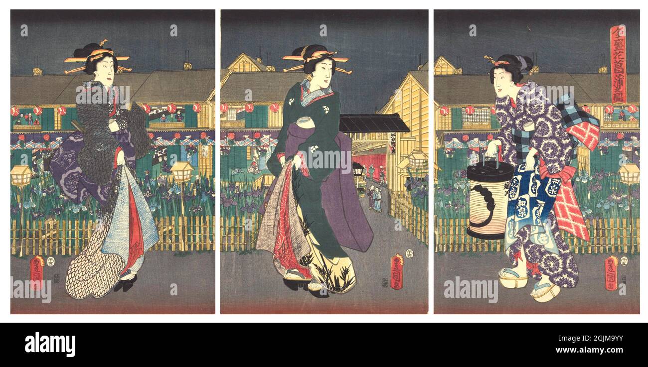 Trois femmes, marchant la nuit devant des iris fleuris, derrière lesquelles se trouvent des maisons de thé. Version optimisée et améliorée unique d'une illustration japonaise de coupe de bois du XIXe siècle en triptyque. Banque D'Images
