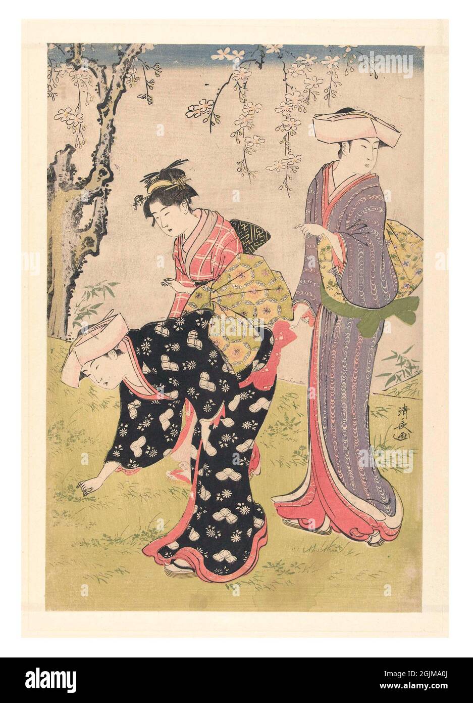 Deux femmes et une fille sous un cerisier en fleur. Illustration japonaise de coupe de bois du XIXe siècle optimisée numériquement (1782 - 1786). Banque D'Images