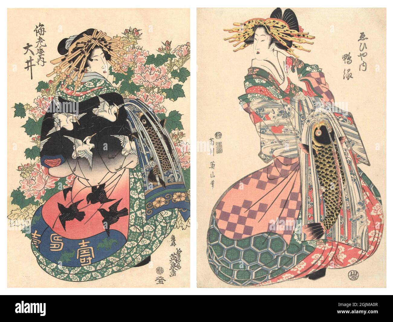 Conception optimisée et améliorée unique de deux illustrations japonais de coupe de bois du XIXe siècle. À gauche : courtesan dans un kimono avec des motifs de grue et de corbeau, et un motif de carpe sur obi, debout avec des pivoines exubérant. A droite : courtesan de la maison d'Ebiya courtesan vêtu de kimono rose et vert, motif d'eau obi et grande carpe devant. Banque D'Images