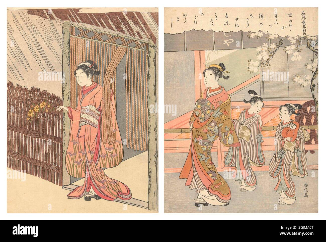 Conception optimisée et améliorée unique de deux illustrations japonaises de coupe de bois du XVIIIe siècle. À gauche: Fille avec une branche de yamabuki dans les mains debout dans la porte. A droite: Courtesan avec deux kamuro, dont l'un a une poupée dans ses mains, marchant le long du porche d'une maison Yoshiwara avec un cerisier en fleur. Un poème dans une cartouche en forme de nuage le long de la partie supérieure de l'imprimé. (1765 - 1770) Banque D'Images