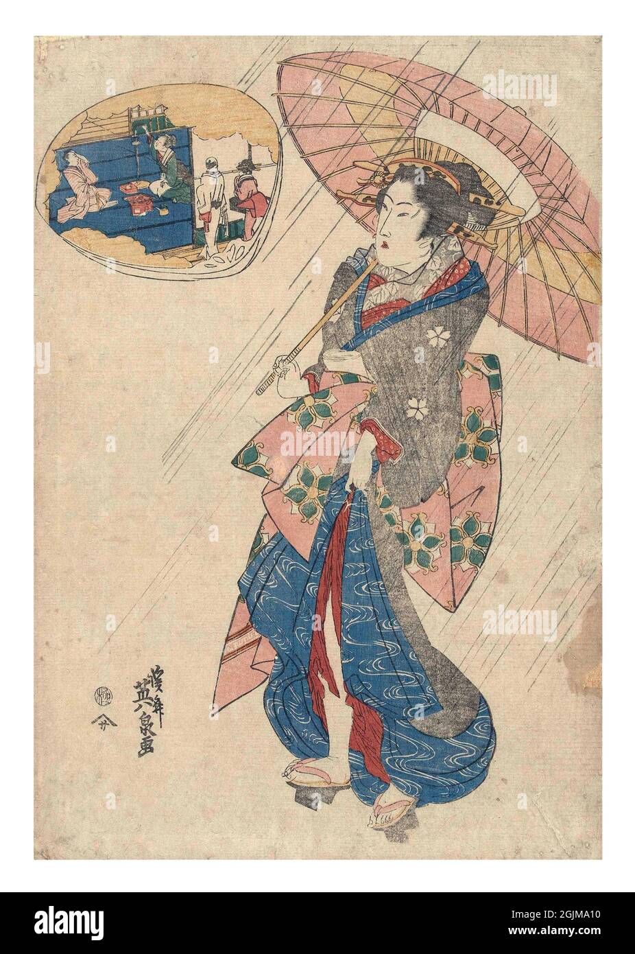 Illustration japonaise boisée optimisée numériquement au XIXe siècle. Courtesan sous la pluie, sous un parapluie, regardant une cartouche en forme de coquille représentant l'intérieur d'un salon de thé. Banque D'Images