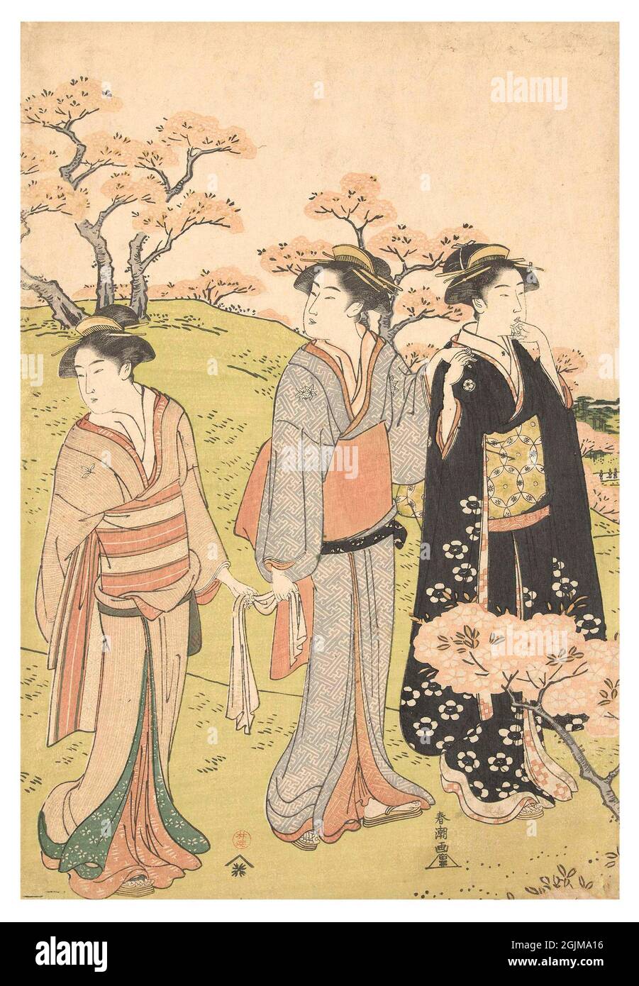 Admirez les cerisiers en fleurs à Asukayama trois femmes marchant dans les collines d'Asuka, parmi les cerisiers en fleurs, illustration japonaise de coupe de bois optimisée numériquement au XVIIIe siècle. Banque D'Images