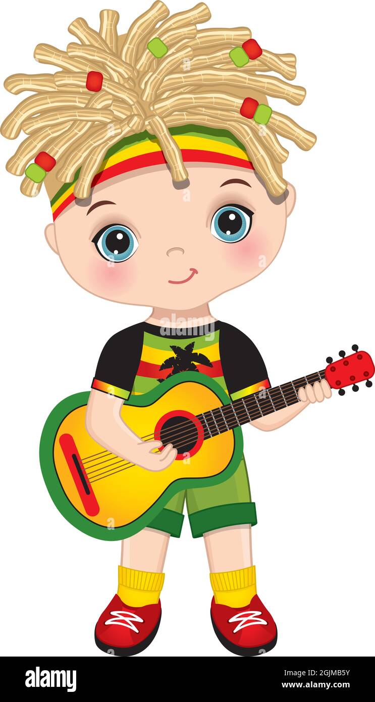 Mignon petit Reggae Boy avec dreadlocks portant un ensemble Rastafarian jouant à la guitare.Vector Cute Reggae Boy avec guitare Illustration de Vecteur