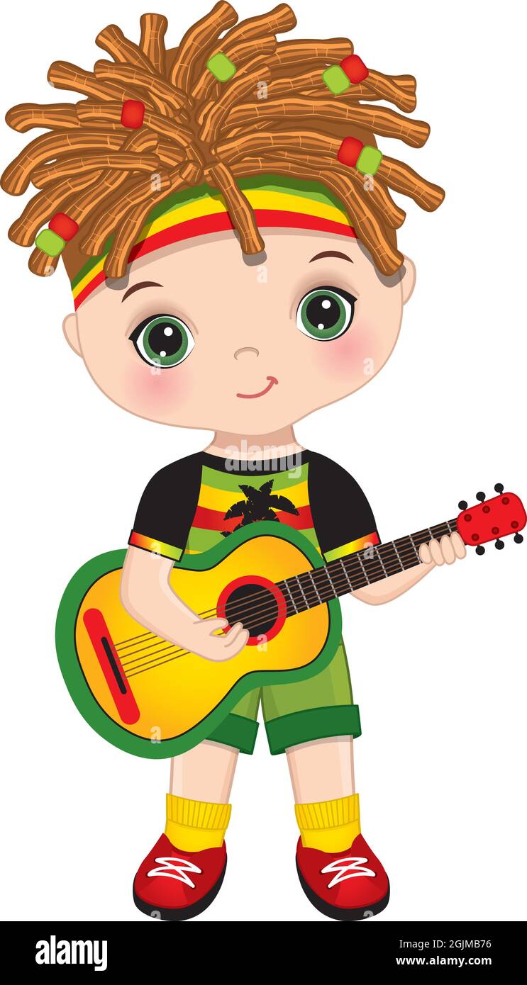 Mignon petit Reggae Boy avec des reads jouant à la guitare Illustration de Vecteur
