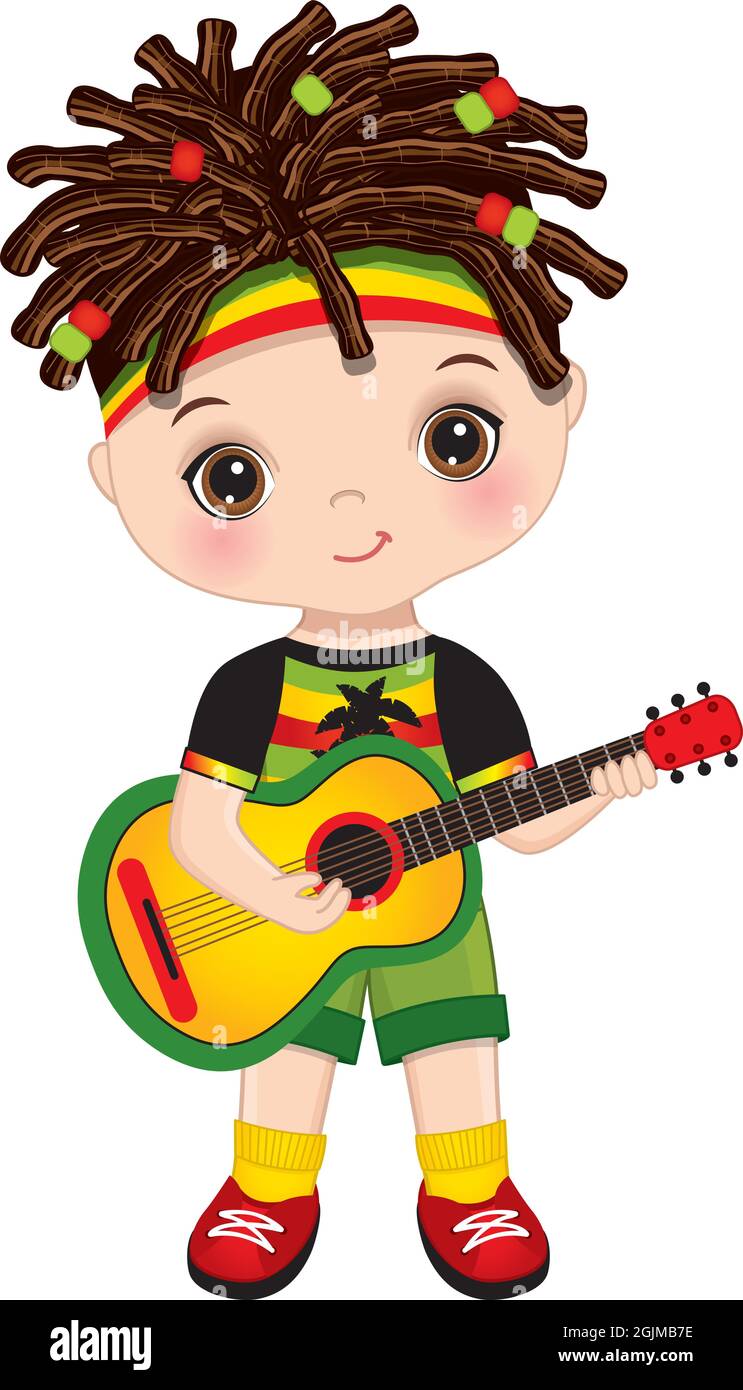 Mignon petit Reggae Boy avec dreadlocks portant un ensemble Rastafarian jouant à la guitare.Vector Cute Reggae Boy avec guitare Illustration de Vecteur