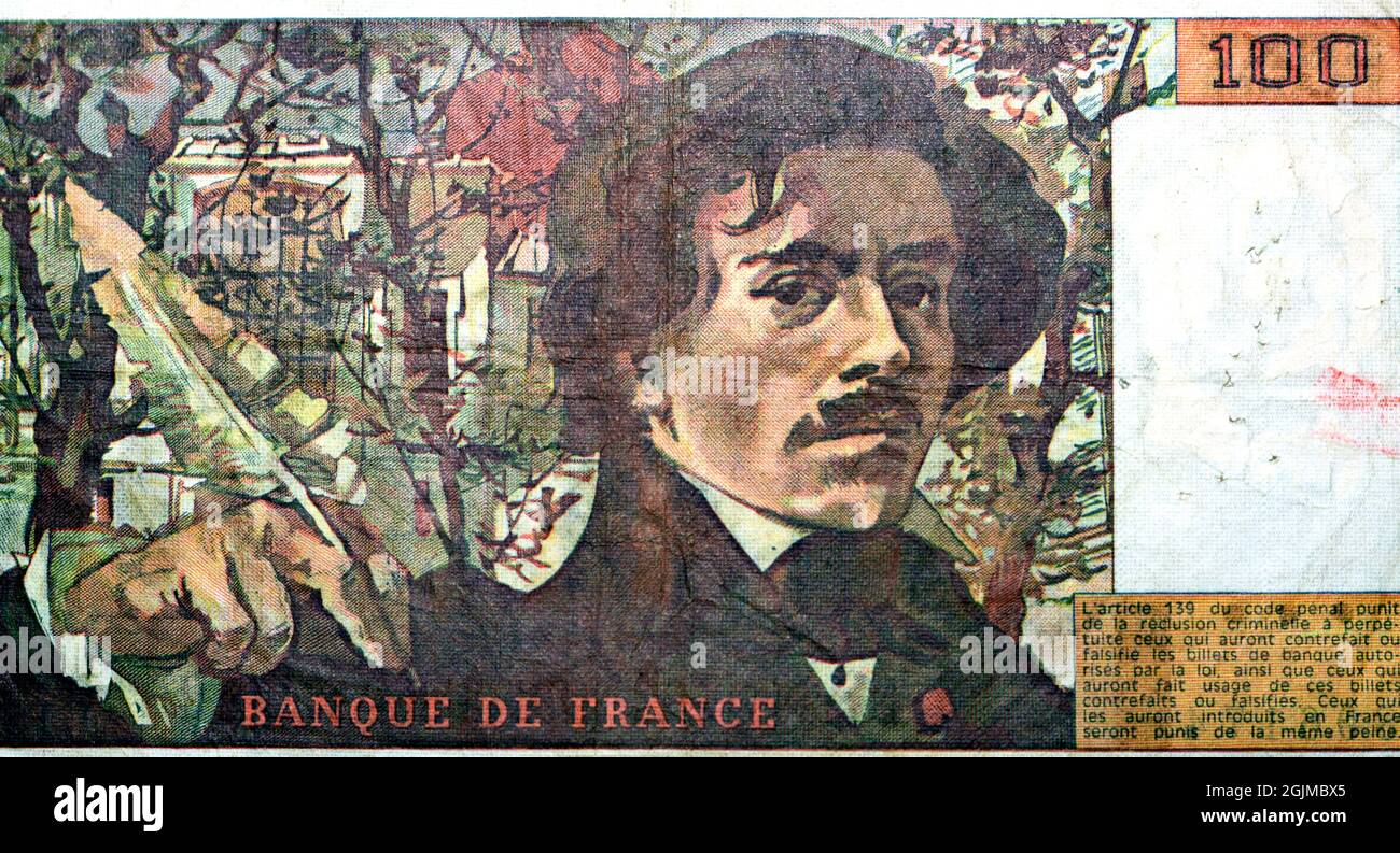 Revers de 100 cent cent francs français monnaie de billets 1979 par Banque de France présente le portrait d'Eugène Delacroix avec une plume, vieux Banque D'Images