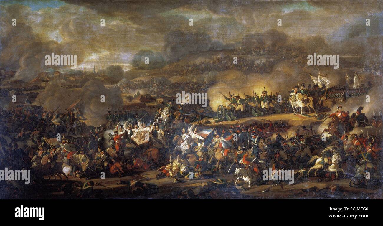 La bataille de Leipzig, également appelée la bataille des Nations. La Grande Armée de Napoléon, affaiblie après sa campagne russe désastreuse de 1812, a été battue de manière décisive par une coalition de Russie, de Prusse, de Suède et d'Autriche 1813 . Peinture de Vladimir Moshkov Banque D'Images