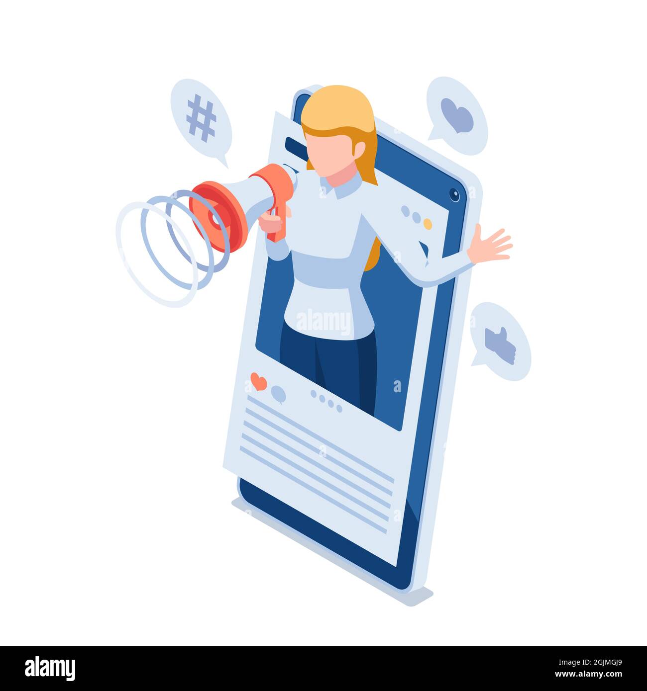 Femme Isométrique 3D plate utilise Megaphone promouvoir ses médias sociaux sur smartphone. Concept de marketing social en ligne. Illustration de Vecteur
