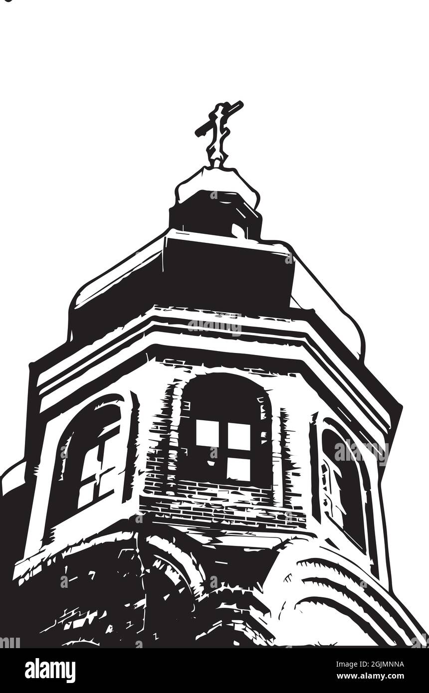 Image en noir et blanc d'une église chrétienne orthodoxe isolée sur fond blanc. Bâtiment avec dômes. Religion, symbole de foi. Archi chrétien Illustration de Vecteur