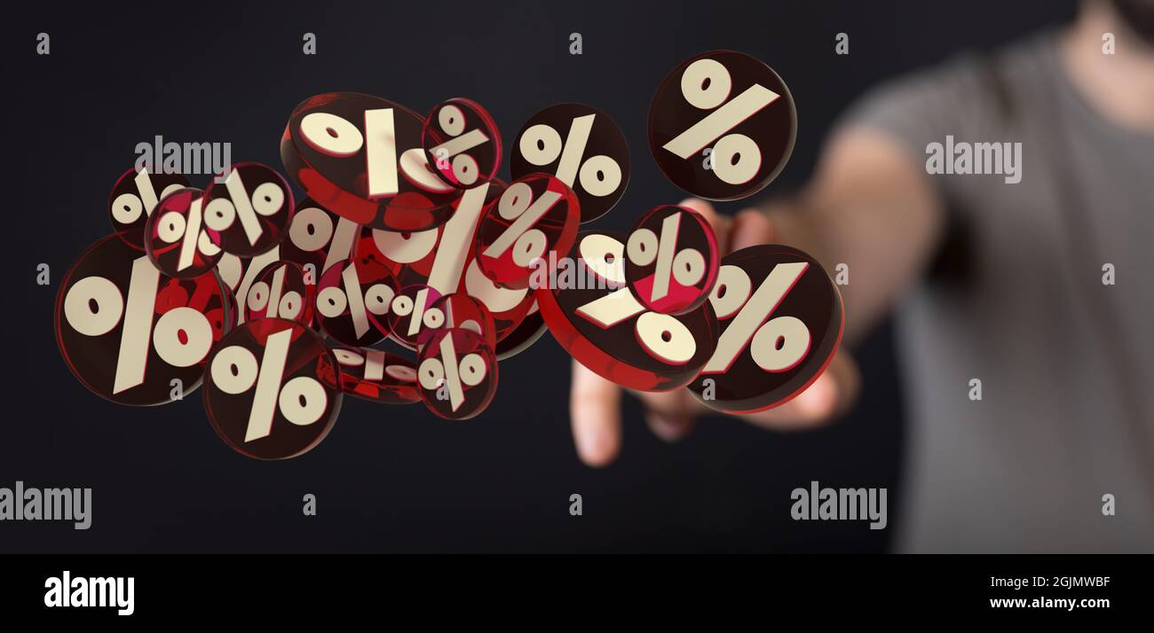 Photo d'une main qui recherche un modèle 3D de symboles de pourcentage blanc sur des bureaux rouges sur fond noir Banque D'Images