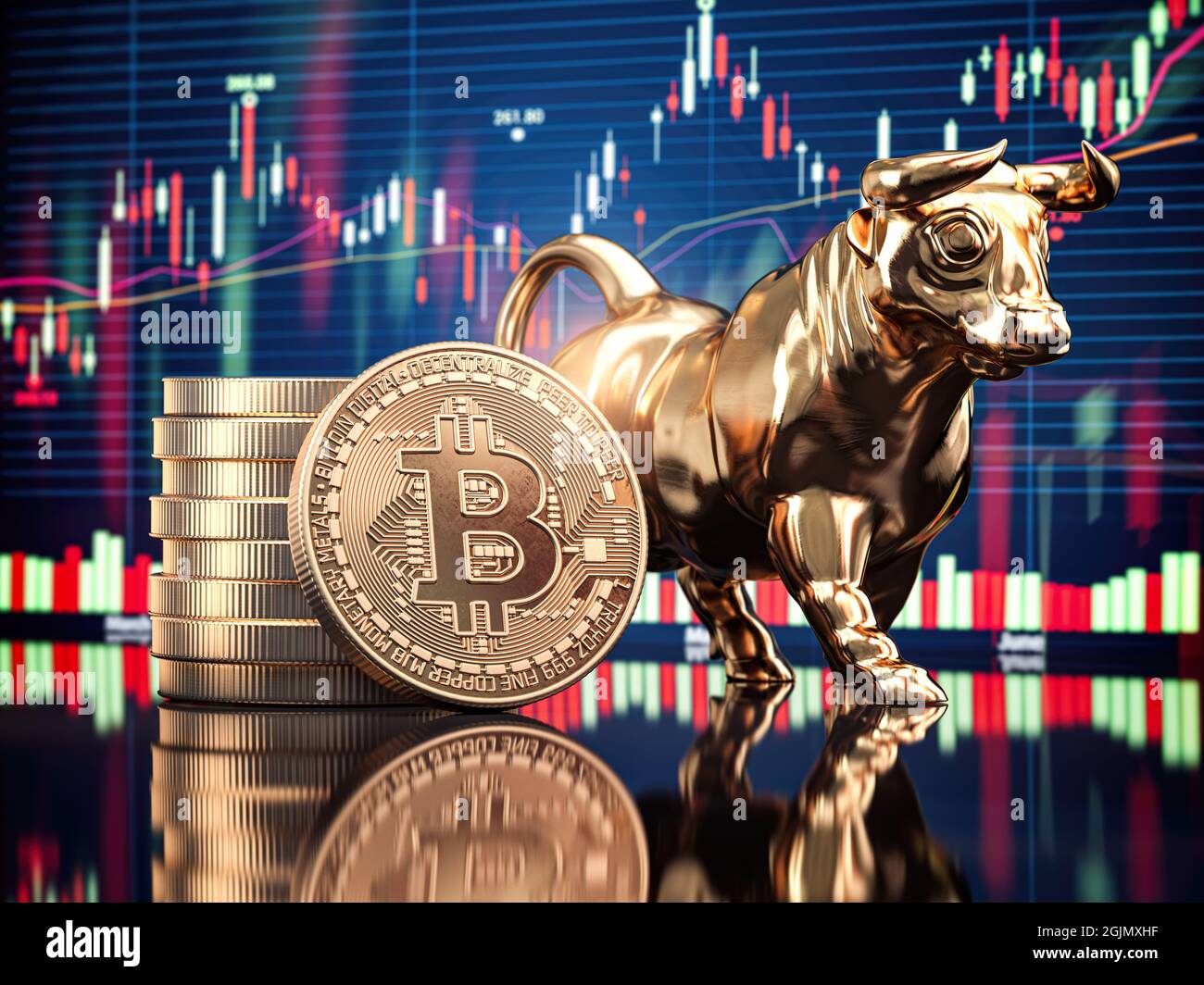 Pièce de monnaie en bitcoin avec tableau des taureaux et des actions.  Marché haussier de BTC. illustration 3d Photo Stock - Alamy