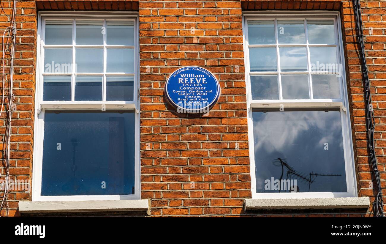 William Reeve Blue plaque 56 Marchmont St London - 1757-1815 les théâtres Covent Garden et Sadler's Wells vivaient et sont morts dans une maison sur ce site. Banque D'Images