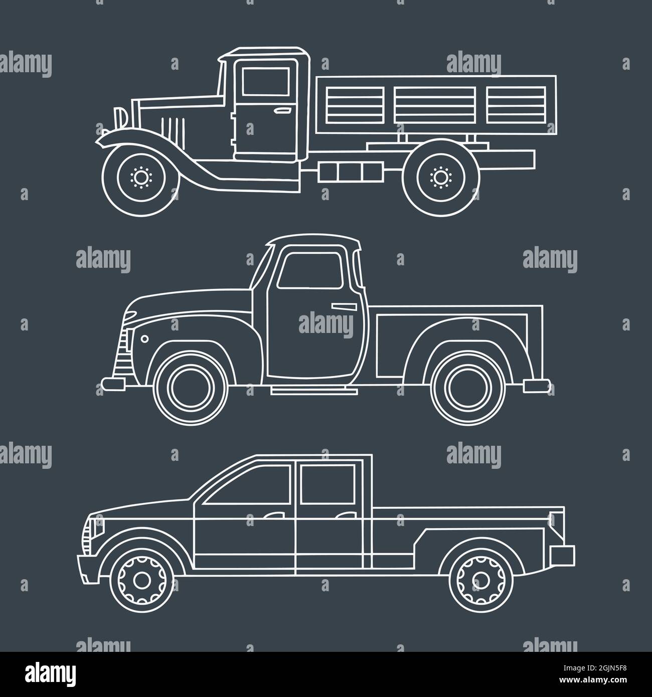 Jeu de camions d'époque. Dessin linéaire sur fond sombre. Clipart vectoriel Illustration de Vecteur