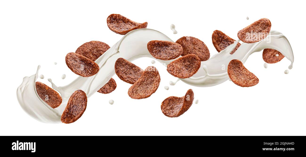 Flocons de maïs au chocolat avec éclaboussures de lait isolées sur fond blanc Banque D'Images