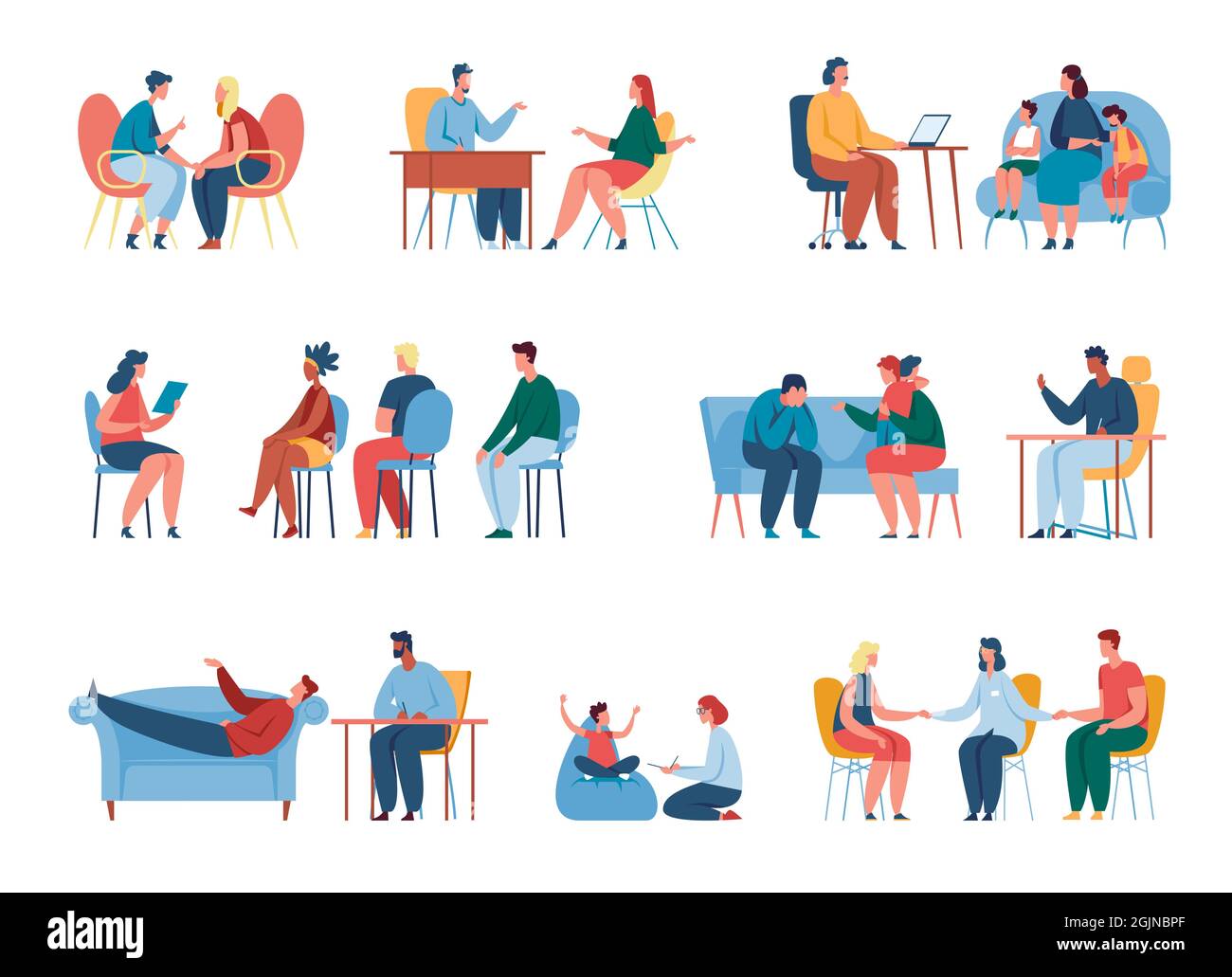 Personnes à la séance de thérapie avec le psychologue, la psychologie de counseling. Psychothérapeute professionnel parlant au patient, kit de vecteur de thérapie pour enfants. Rendez-vous au bureau du médecin fournissant de l'aide médicale Illustration de Vecteur