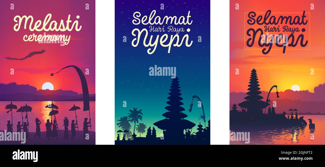 Cérémonie du nouvel an balinais de Melasti et jeu d'affiches vectorielles colorées de Nyepi Illustration de Vecteur