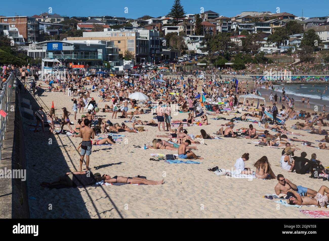 Sydney, Australie. Samedi 11 septembre 2021. Les gens se détendent sur la plage de Bondi quand les températures de printemps atteignent aujourd'hui 27 degrés. Les restrictions de Covid-19 sont prévues pour se soulager lundi pour les personnes qui, dans certaines parties de Sydney, sont entièrement vaccinées. Jusqu'à cinq personnes seront autorisées à se réunir à l'extérieur. Crédit : Paul Lovelace/Alamy Live News Banque D'Images