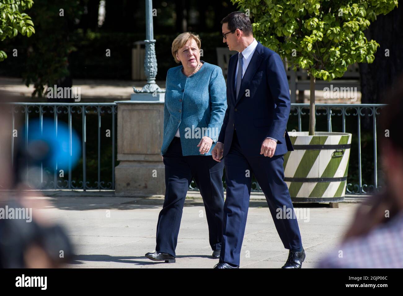 Varsovie, Pologne. 11 septembre 2021. Angela Merkel et Mateusz Morawiecki vus lors d'une réunion au Palais sur l'île (Pa?ac na Wyspie) à Varsovie.la chancelière allemande Angela Merkel se rend à Varsovie pour une dernière fois avant de se retirer de la politique. Mme Merkel a été accueillie par le Premier ministre polonais Mateusz Morawiecki. Crédit : SOPA Images Limited/Alamy Live News Banque D'Images