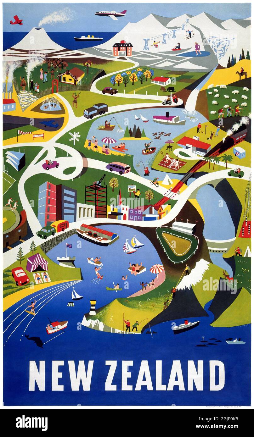 Nouvelle-Zélande par Dennis Arthur Leo Beytagh (1924-2016). Affiche ancienne restaurée publiée en 1960 en Nouvelle-Zélande. Banque D'Images