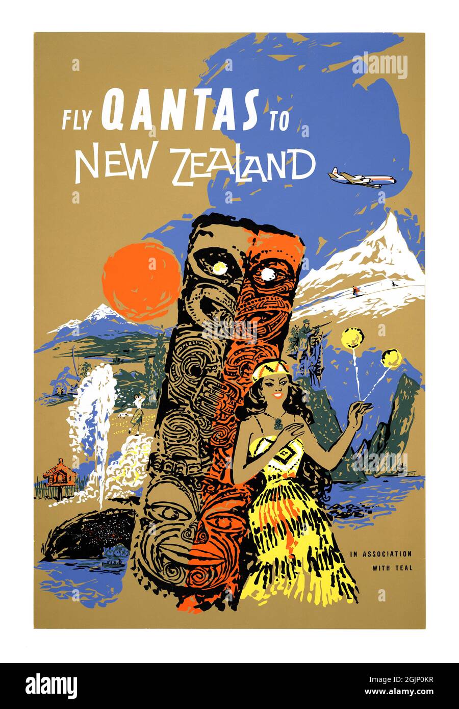 Envolez Qantas en Nouvelle-Zélande, en association avec LE TEAL.Artiste inconnu.Affiche ancienne restaurée publiée dans les années 1950 en Nouvelle-Zélande. Banque D'Images