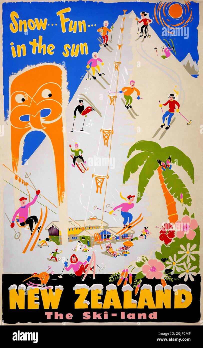Neige ... amusement ... au soleil. Nouvelle-Zélande, le domaine skiable de Leslie George McCullough (1909-1993). Affiche ancienne restaurée publiée dans les années 1950 en Nouvelle-Zélande. Banque D'Images