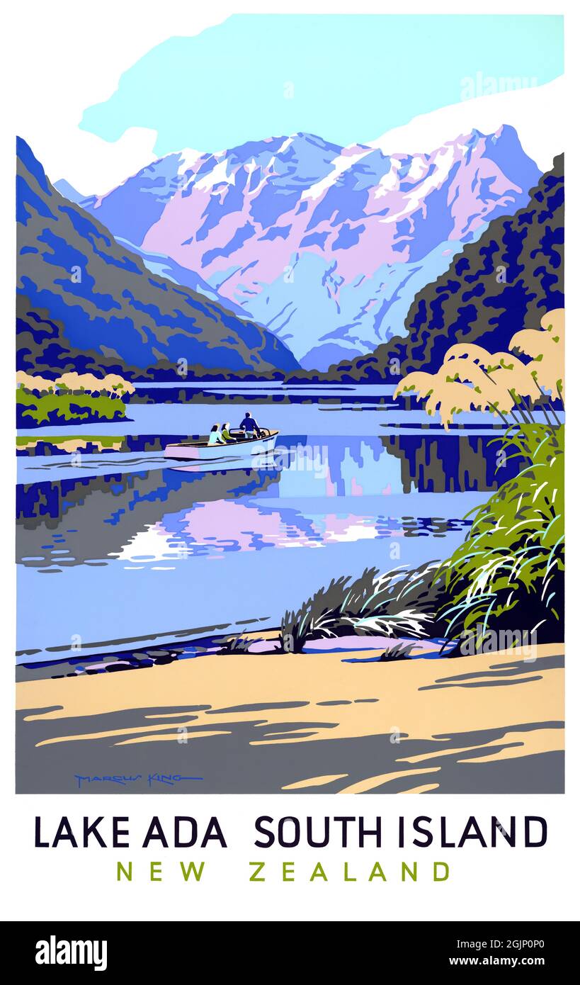 Lac Ada. Île du Sud. Nouvelle-Zélande par Marcus King (1891-1983). Affiche ancienne restaurée publiée en 1950 en Nouvelle-Zélande. Banque D'Images