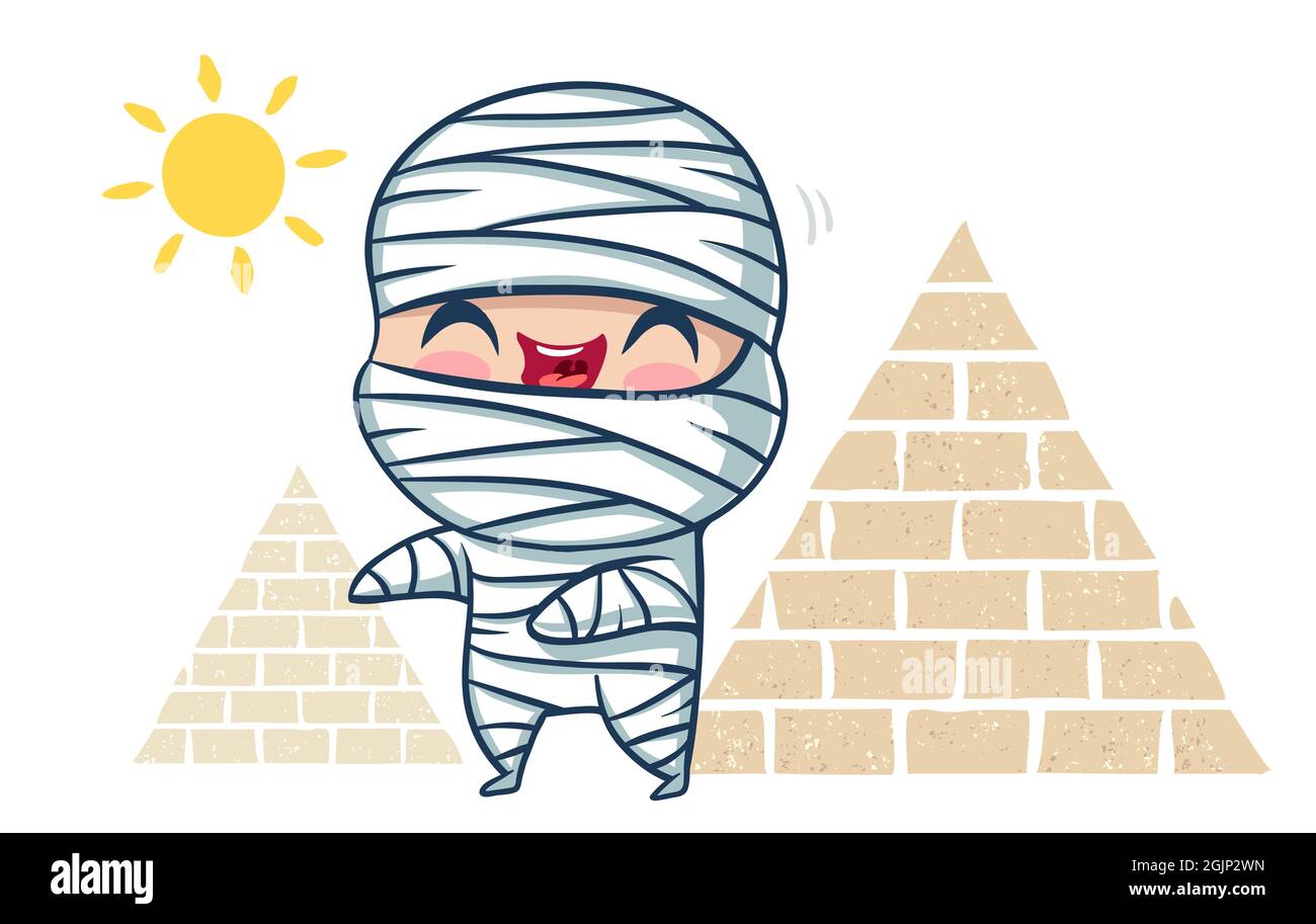 Illustration vectorielle d'une momie de style kawaii. Illustration d'un enfant mignon dans la momie squelette et les pyramides. Halloween monstre. Illustration de Vecteur