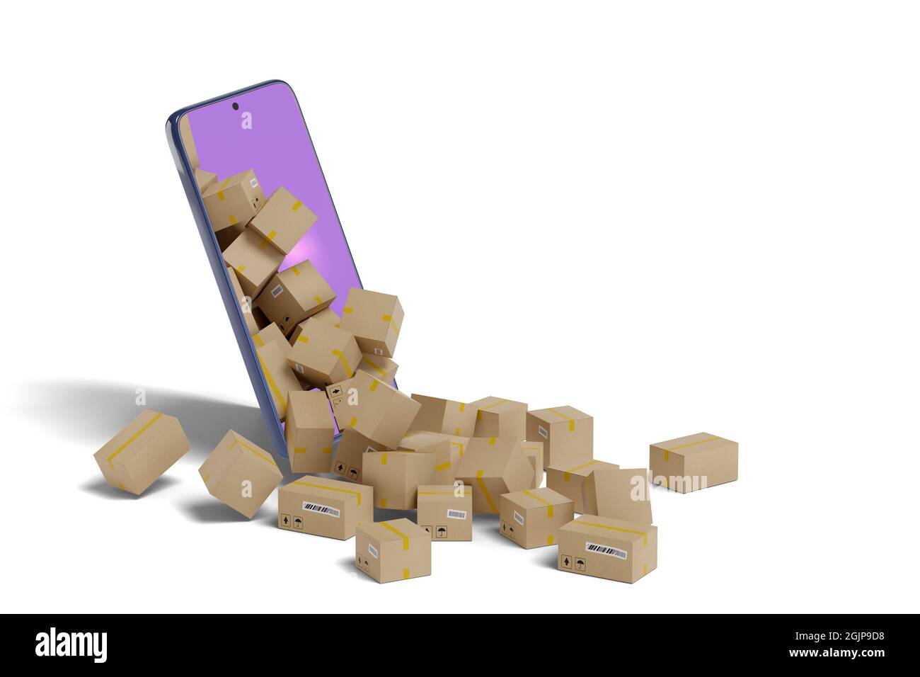 Boîtes en carton qui dépassent de l'écran d'un téléphone portable. Concept de livraison. illustration 3d. Banque D'Images