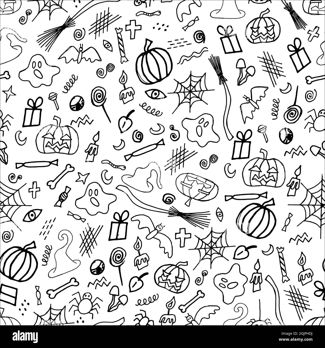 Halloween avec citrouille et anticipation. Arrière-plan sans couture avec éléments pour les fêtes d'halloween. Illustration Doodle, conception de tissu, emballage ou Illustration de Vecteur